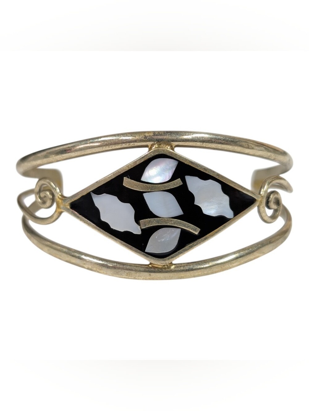 Vintage Alpaca Mexico Mother Of Pearl Gold Tone Black Onyx Cuff Bracelet
